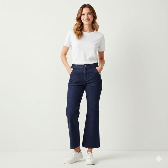 Tory Burch High Rise Cropped Flare Jeans Size 28 Dark Indigo 100% Cotton - Picture 1 of 13